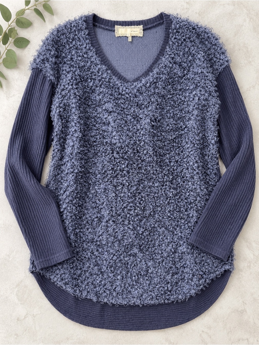 A’Reve Navy Blue Bouclé Curly Soft Sherpa Mixed Media Boho Sweater Size Large